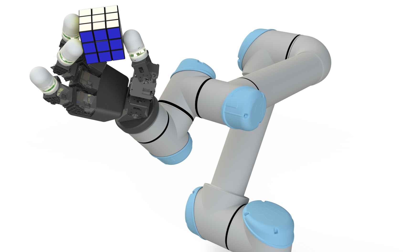 ROAM Hand 3 on a UR5e arm holding a Rubik's cube