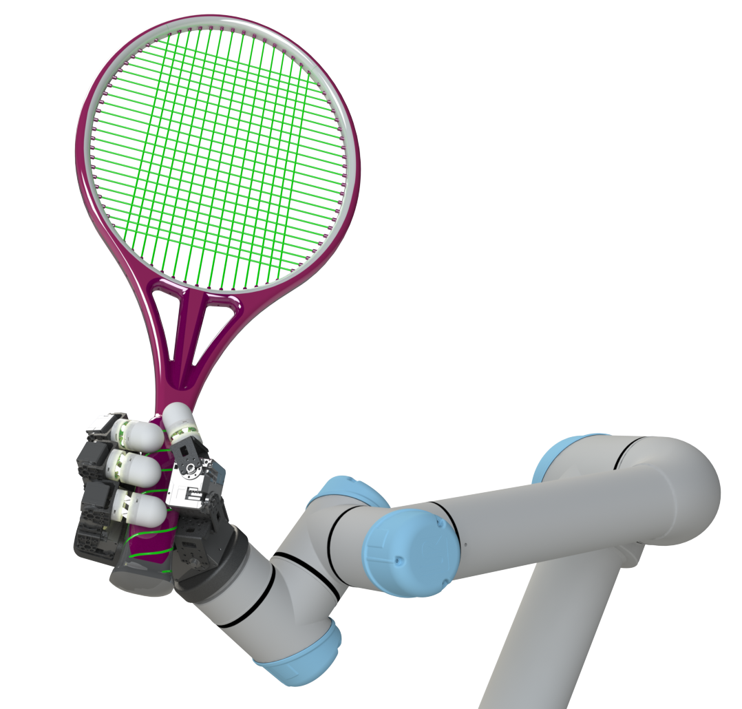 RH3-A on a UR5e holding a tennis racket